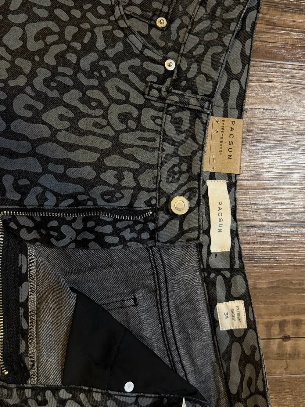 PacSun Men's Black and Gray Animal-Print Denim Shorts